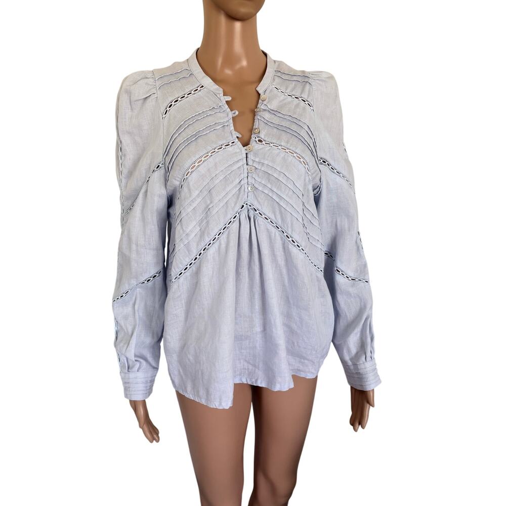 Scalpers Linen Blouse M Blue Pintuck Puff Sleeve Euro Summer Coastal Boho Top - Picture 2 of 10